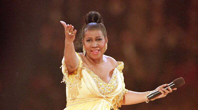 FILE - In this Jan. 19, 1993 file photo, singer Aretha Franklin performs at the inaugural gala for President Bill Clinton in Washington.  Franklin died Thursday, Aug. 16, 2018 at her home in Detroit.  She was 76. (AP Photo/Amy Sancetta, File)