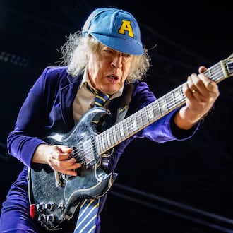 AC/DC lead guitarist Angus Young impressed the crowd giving non-stop energy ... all night long, Thursday Aug. 27, 2026, at Mercedes Benz Stadium, Atlanta. (Ryan Fleisher for the AJC)