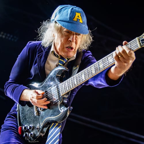 AC/DC lead guitarist Angus Young impressed the crowd giving non-stop energy ... all night long, Thursday Aug. 27, 2026, at Mercedes Benz Stadium, Atlanta. (Ryan Fleisher for the AJC)