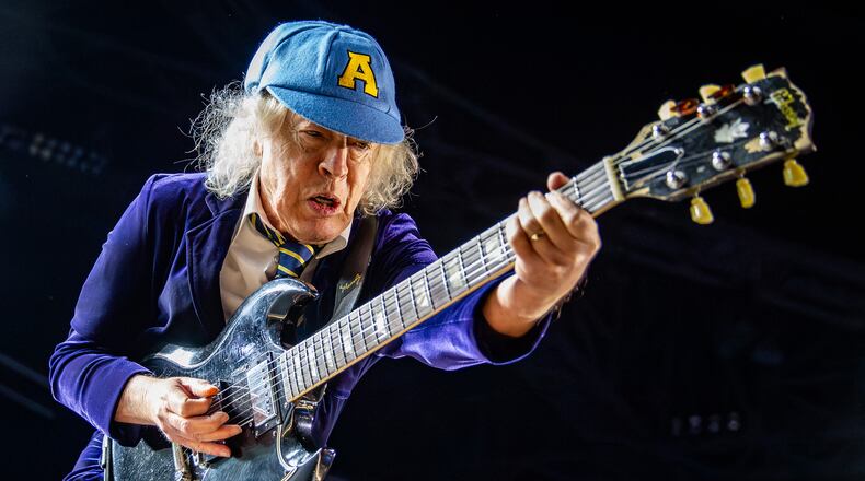 AC/DC lead guitarist Angus Young impressed the crowd giving non-stop energy ... all night long, Thursday Aug. 27, 2026, at Mercedes Benz Stadium, Atlanta. (Ryan Fleisher for the AJC)