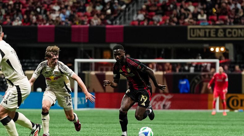 Atlanta United forward Emmanuel Latte Lath #19 dribbles during the match against the New York Red Bulls at Mercedes-Benz Stadium in Atlanta, GA on Saturday March 8, 2025. (Photo by Mitch Martin/Atlanta United)