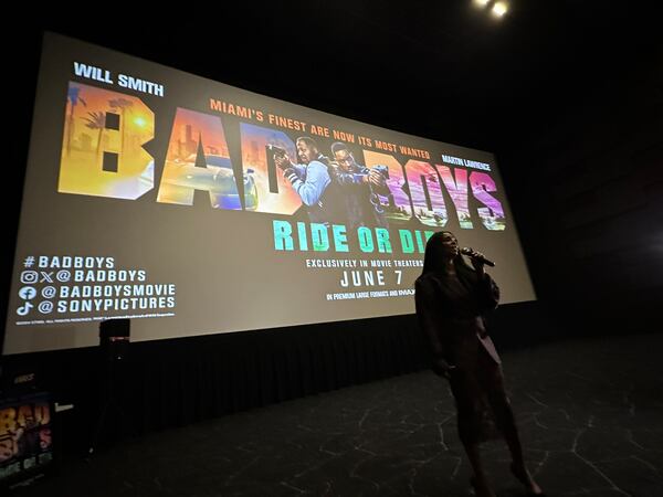 Actress Tasha Smith speaks before a screening of "Bad Boys: Ride or Die" at IPIC Theaters at Colony Square in Atlanta on June 3, 2024. (Rodney Ho/AJC 2024) 
