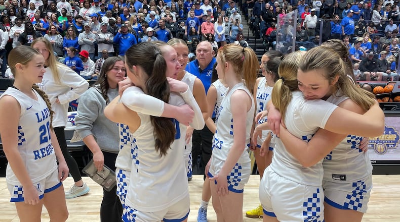 Fannin County players celebrate their 51-42 victory over Banks County in the Class A Division I girls basketball championship game on March 8, 2025, at the Macon Coliseum.