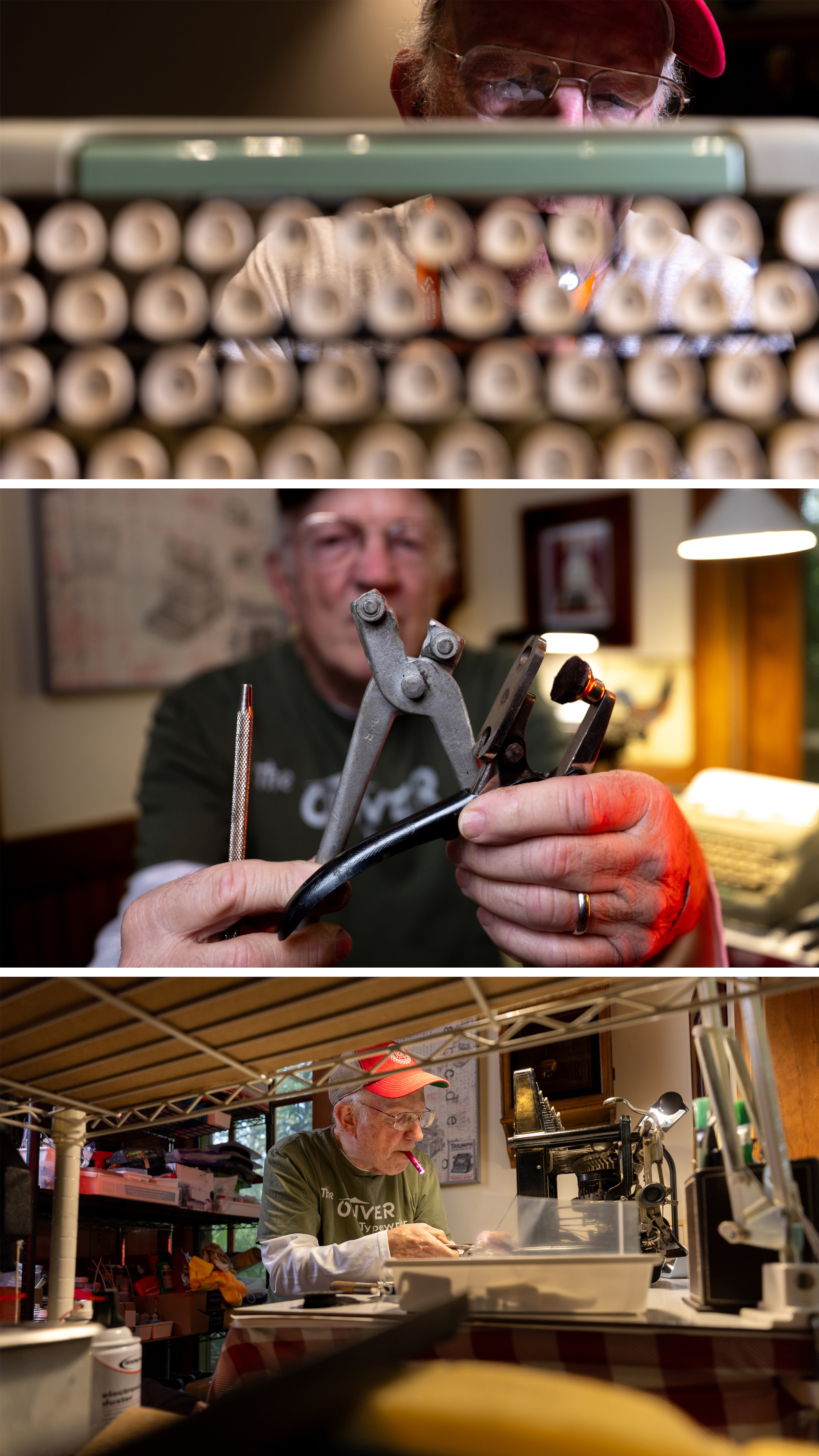 Typewriter collector Tom Rehkopf spends most days at his home workshop, holding a flashlight between his teeth repairing and maintaining a variety of typewriters. Sometimes he even makes his own parts with a 3D printer. (Arvin Temkar/AJC)