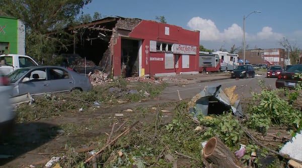 Debris covers the ground after a severe storm passed the area on Saturday, May 17, 2025 in St. Louis, Mo. ( KMOV via AP)