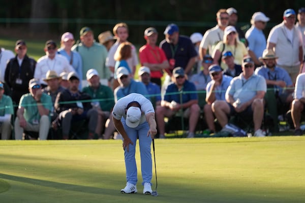 Tyrrell Hatton, of England, reacts after missing a putt on the 17th hole during the second round at the Masters golf tournament, Friday, April 11, 2025, in Augusta, Ga. (AP Photo/Matt Slocum)