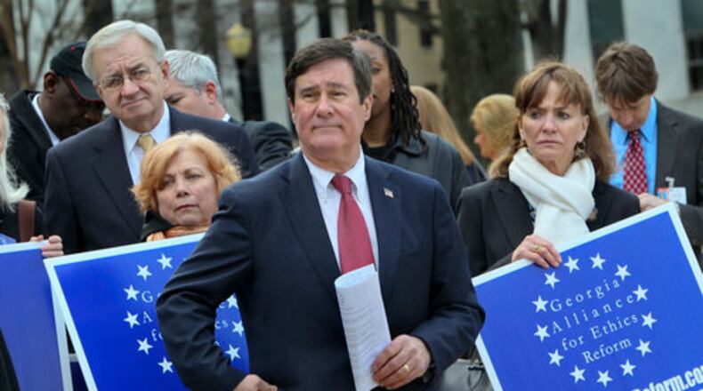 110216 Atlanta: Bob Irvin, past president of Common Cause Georgia was emcee for the press conference Wednesday. The Georgia Alliance for Ethics Reform held a Lobby Day & Press Conference at the Georgia State Capitol Wednesday, Feb. 16, 2011. The Group also announced a growing list of supporters to fight for strong ethics reform. Members of the Georgia Alliance for Ethics Reform - Common Cause Georgia, Georgia Tea Party Patriots, Georgia Watch and League of Women Voters of Georgia, groups recently signing on as supporters include C.H.A.R.G.E., Georgia Federation of Teachers, Georgia Rural Urban Summit, Georgia Taxpayers Association, The Public Policy Advocacy Partnership of the Presbytery of Greater Atlanta and many local level organizations. Members of these groups went inside the hallways of the Capitol to talk with legislators about supporting strong ethics legislation. The proposal includes reform of lobbyist and campaign contribution laws, strengthening the State Ethics Commission and further defining and enforcing conflicts of interest and misconduct. John Spink jspink@ajc.com