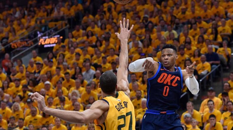 Russell Westbrook. right, scored 46 points in a losing effort Friday night in Salt Lake CIty.