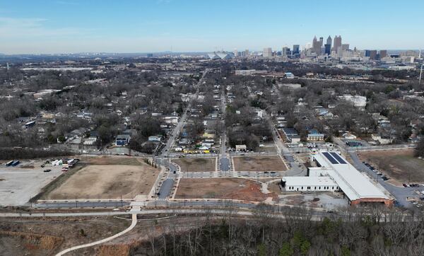 Aerial photograph of Pittsburgh Yards, a mixed-use development that spans 31 acres off University Avenue along the Beltline in southwest Atlanta, Tuesday, Jan. 24, 2023. (Hyosub Shin / Hyosub.Shin@ajc.com)