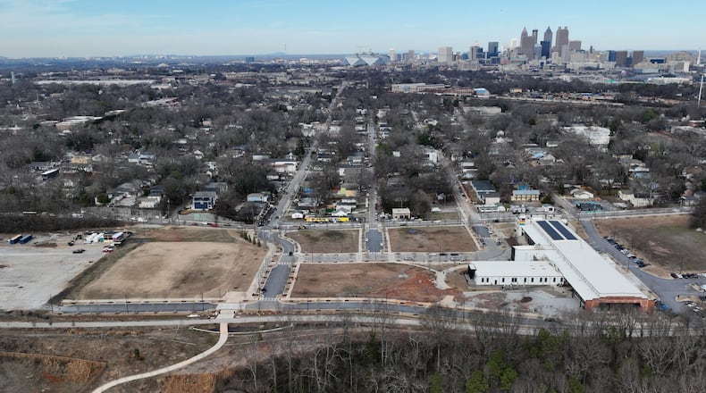 Aerial photograph of Pittsburgh Yards, a mixed-use development that spans 31 acres off University Avenue along the Beltline in southwest Atlanta, Tuesday, Jan. 24, 2023. (Hyosub Shin / Hyosub.Shin@ajc.com)