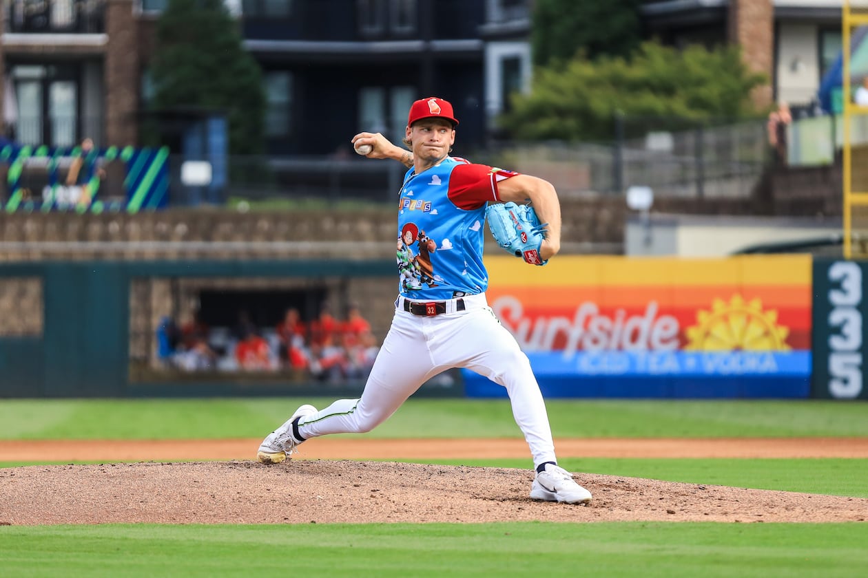 AJ Smith-Shawver pitches for the Gwinnett Stripers against the Memphis Redbirds at Gwinnett Field on Saturday, July 11, 2026. Smith-Shawver threw 2⅓ innings and allowed two runs (both earned), five hits and three walks and struck out two. (Courtesy of Maddie LoRae/Gwinnett Stripers)