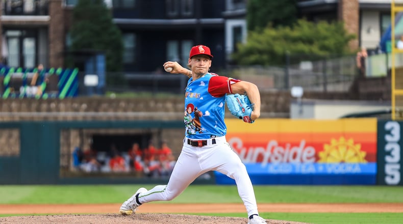 AJ Smith-Shawver pitches for the Gwinnett Stripers against the Memphis Redbirds at Gwinnett Field on Saturday, July 11, 2026. Smith-Shawver threw 2⅓ innings and allowed two runs (both earned), five hits and three walks and struck out two. (Courtesy of Maddie LoRae/Gwinnett Stripers)