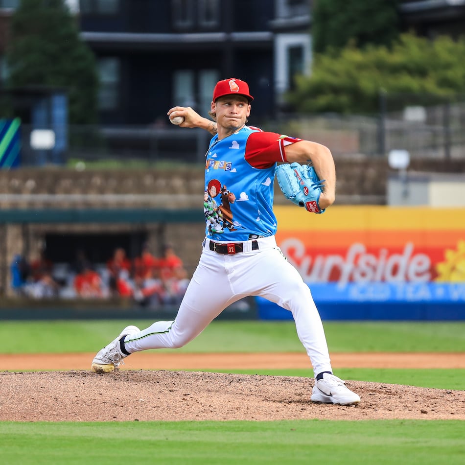 AJ Smith-Shawver pitches for the Gwinnett Stripers against the Memphis Redbirds at Gwinnett Field on Saturday, July 11, 2026. Smith-Shawver threw 2⅓ innings and allowed two runs (both earned), five hits and three walks and struck out two. (Courtesy of Maddie LoRae/Gwinnett Stripers)
