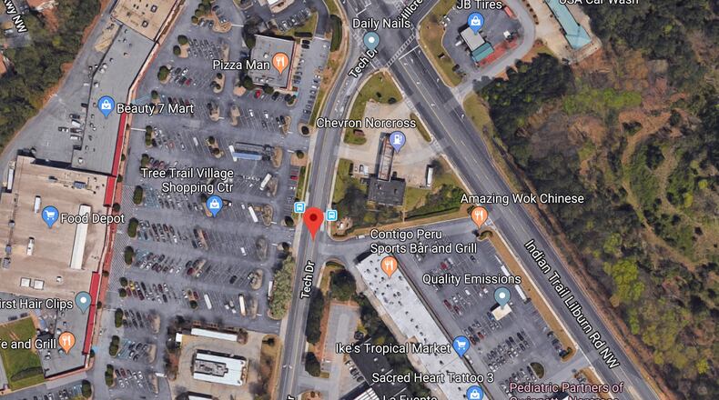 The Gateway85 CID and Gwinnett DOT will work to design a mid-block crossing on Tech Drive between Indian Trail Road and Singleton Road to increase safety for transit users by creating a protected place to cross. Google Maps