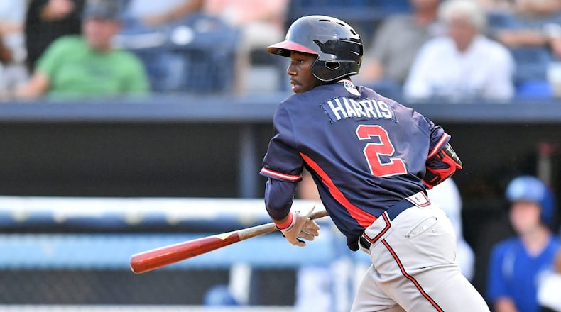 Michael Harris breaks out of the box in Rome, in a Braves Single-A game against Asheville last year. (Tony Farlow/Four Seam Images via AP)