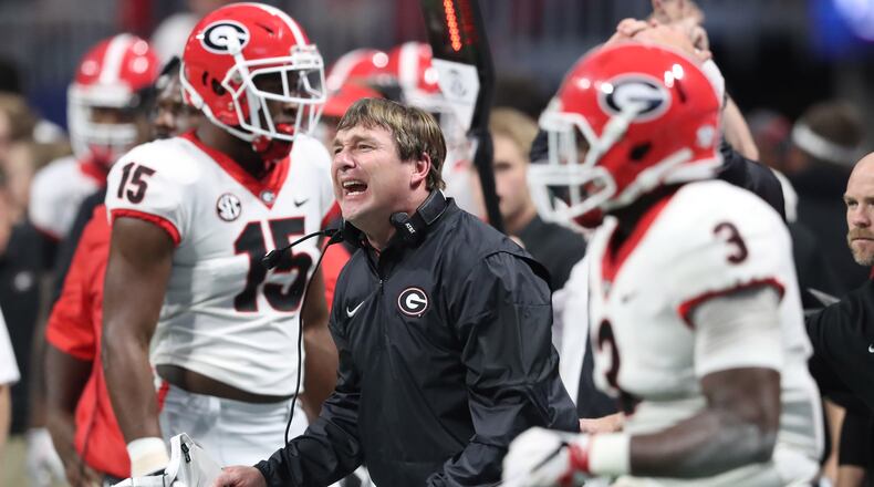 Georgia Bulldogs head coach Kirby Smart reacts during the first half of the SEC Football Championship at Mercedes-Benz Stadium, December 2, 2017, in Atlanta.  Curtis Compton / ccompton@ajc.com