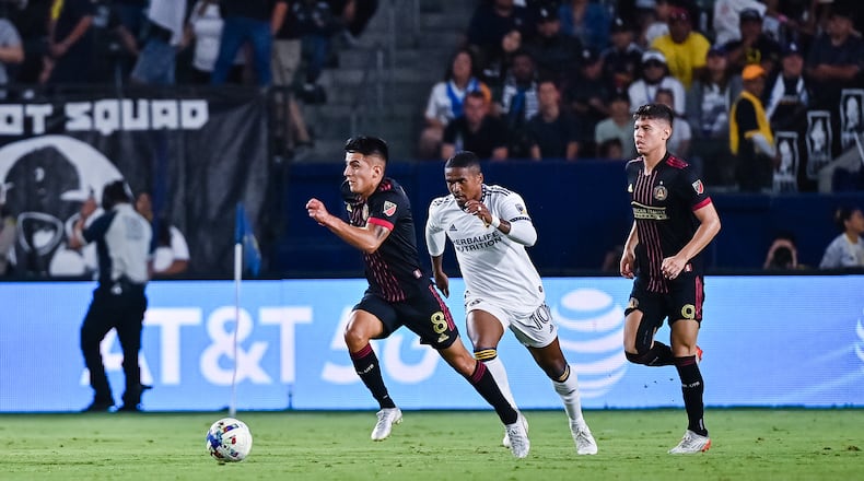 Atlanta United's Thiago Almada dribbles the ball during the second half of the match against the L.A. Galaxy on Sunday night in Carson, Calif. (Photo by Dakota Williams/Atlanta United)