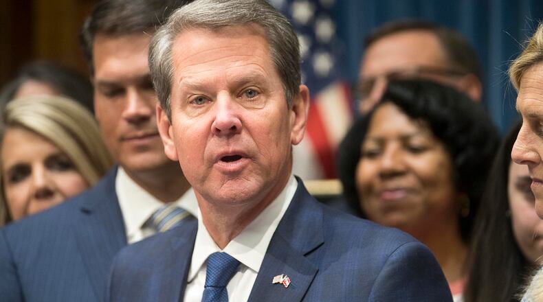 Atlanta, Georgia -- Georgia Governor Brian Kemp speaks during a press conference for the signing of HB 481, the "heartbeat" bill, in his office at the Georgia State Capitol building  in Atlanta, Tuesday, May 7, 2019. (ALYSSA POINTER/ALYSSA.POINTER@AJC.COM)