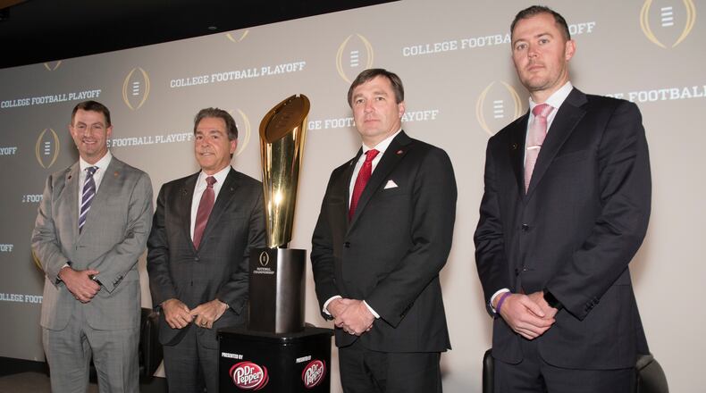 The head coaches of the four teams in the College Football Playoff -- (left to right) Clemson’s Dabo Swinney, Alabama’s Nick Saban, Georgia’s Kirby Smart and Oklahoma’s Lincoln Riley -- were in Atlanta on Thursday.