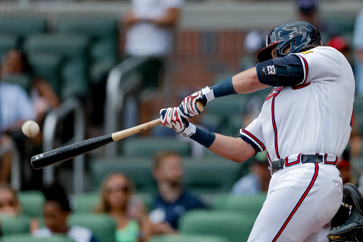 Atlanta Braves' Austin Riley hits a solo home run against the Texas Rangers during the second inning of a baseball game, Sunday, July 19, 2026, in Atlanta. (Erik S. Lesser/AP)