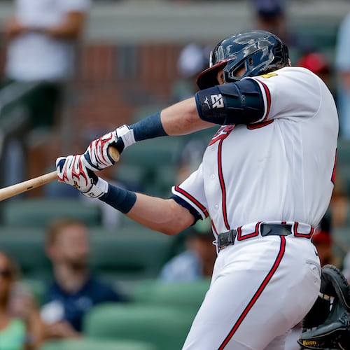 Atlanta Braves' Austin Riley hits a solo home run against the Texas Rangers during the second inning of a baseball game, Sunday, July 19, 2026, in Atlanta. (Erik S. Lesser/AP)