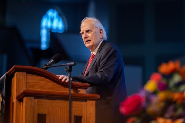 Former Gov. Roy Barnes spoke at a funeral in Marietta in 2024. (Arvin Temkar/AJC)