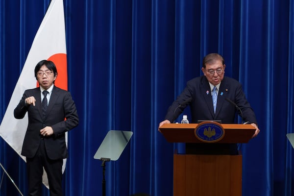 Japan Prime Minister Shigeru Ishiba speaks during a news conference at the prime minister's office in Tokyo, Japan, Tuesday, April 1, 2025. (Nicolas Datiche/Pool Photo via AP)