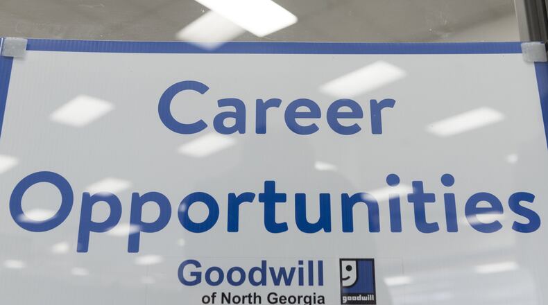 March 30, 2017, Oakwood - A sign in the window of the Goodwill of North Georgia’s career center in Oakwood, Georgia, on Thursday, March 30, 2017. The Career Center offers training to many individuals who have a desire to work and are looking for a job in order to continue to receive SNAP benefits. (DAVID BARNES / DAVID.BARNES@AJC.COM)