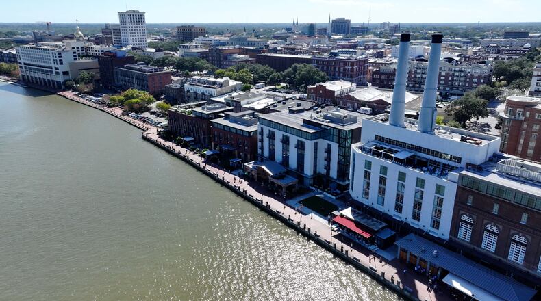 This aerial view shows the Plant Riverside District along the Savannah Riverwalk on Wednesday, October 23, 2024.
(Miguel Martinez / AJC)