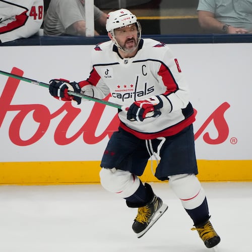 FILE - Washington Capitals left wing Alex Ovechkin (8) skates in the third period of an NHL hockey game against the Columbus Blue Jackets on April 14, 2026, in Columbus, Ohio. (AP Photo/Sue Ogrocki, File)