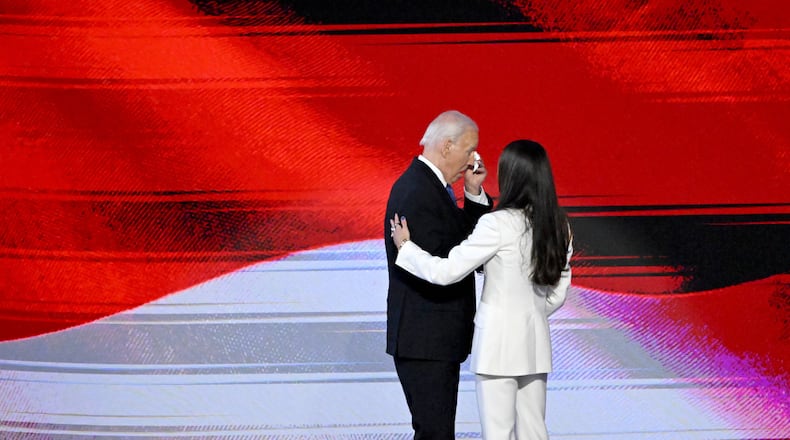 President Joe Biden gets emotional as he embraces his daughter Ashley Biden during the day 1 of the Democratic National Convention at the United Center, Monday, August 19, 2024, in Chicago, Illinois. (Hyosub Shin / AJC)