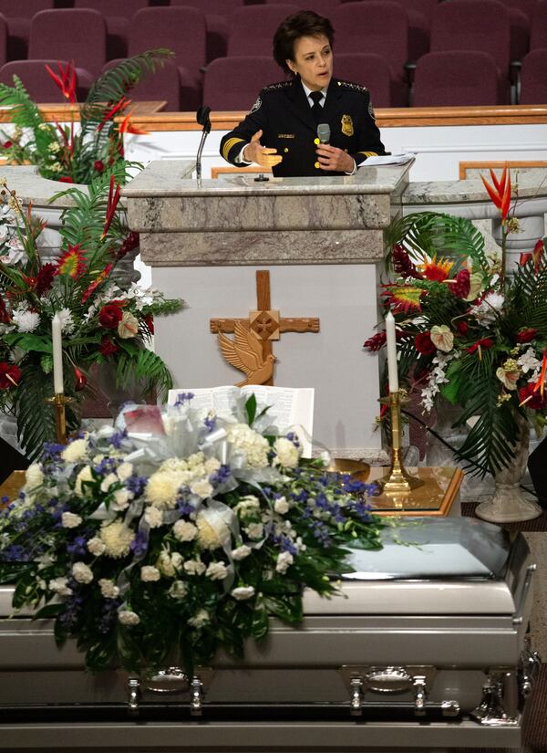 City of Atlanta Police chief Erika Shields talks to the mourners that filled the Jackson Memorial Baptist Church Friday for the funeral service for officer Stanley Lawrence February 28, 2020. STEVE SCHAEFER / SPECIAL TO THE AJC