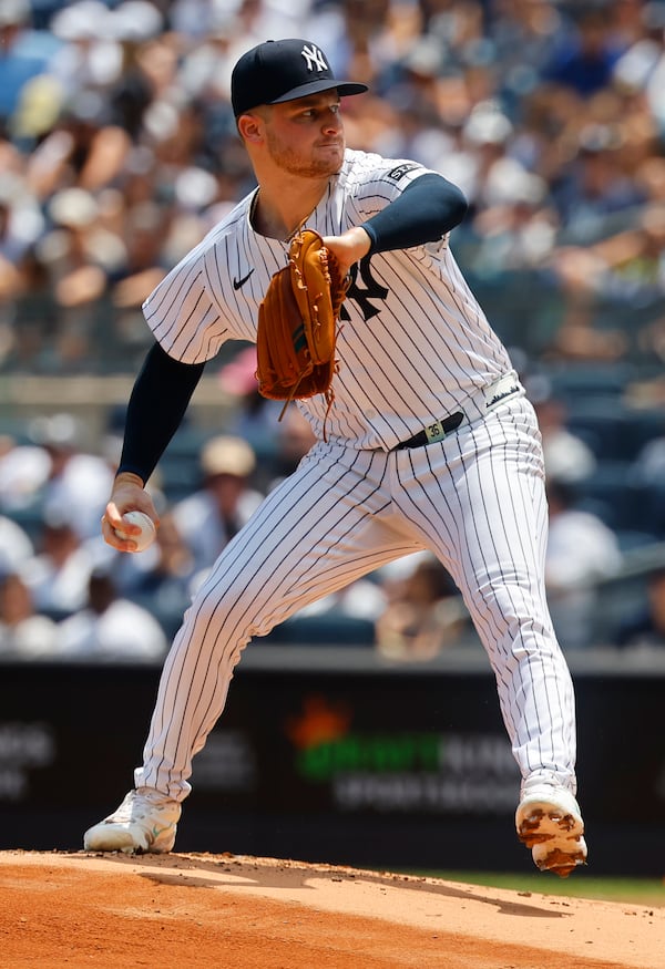 New York Yankees pitcher Clarke Schmidt (36) throws during the first inning of a baseball game against the Baltimore Orioles, Saturday, June 21, 2025, in New York. (AP Photo/Noah K. Murray)