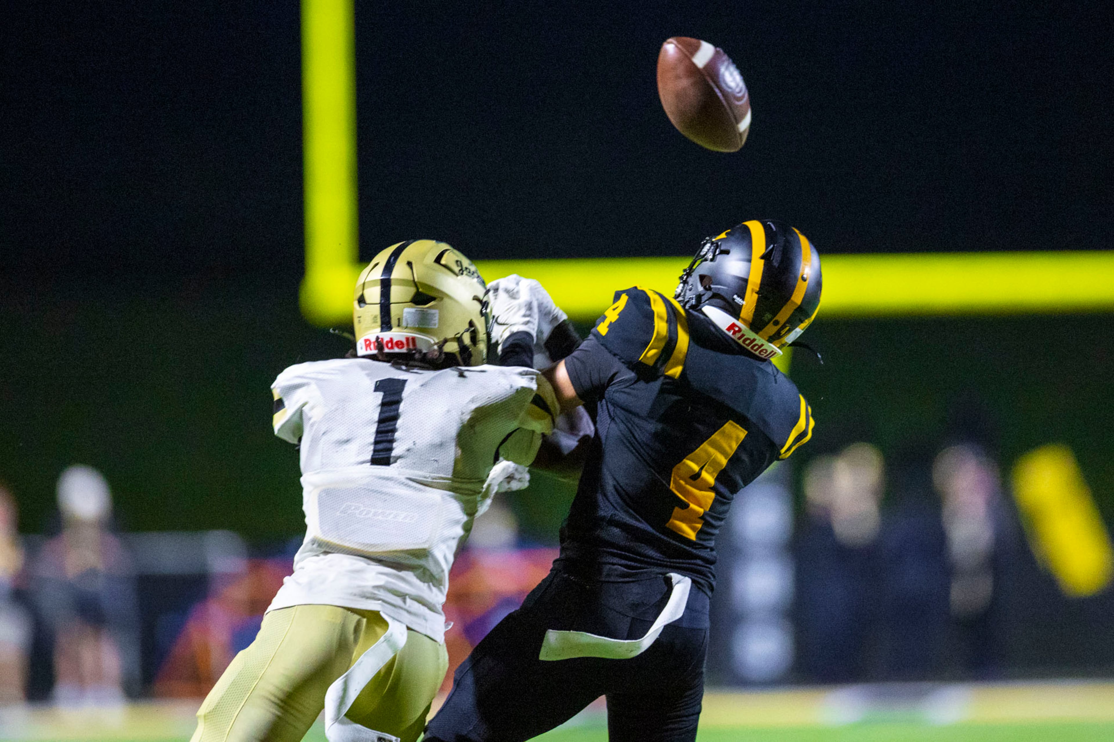 Sequoyah wide receiver Brooks Darling (#4) intercepts a pass to Sprayberry's Jorden Edmonds (#1) during the first half against Sprayberry at Skip Pope Stadium in Canton, GA on Friday, Sept. 12th, 2025. (Oscar Guevara Saenz for the Atlanta Journal Constitution)