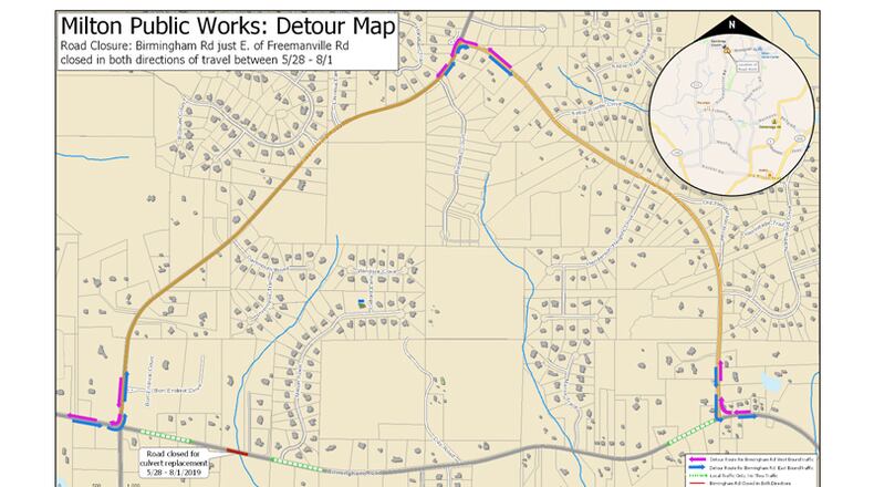 Map depicts the scheduled May 28-Aug. 1 closure of Birmingham Road in Milton for bridge and culvert construction. CITY OF MILTON