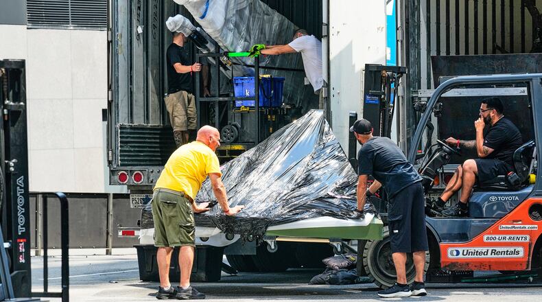 A truck is unloaded outside New York's Madison Square Garden, Wednesday, July 1, 2026. (AP Photo/Richard Drew)