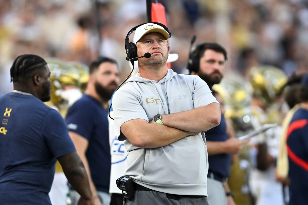 Georgia Tech head coach Brent Key watches the Yellow Jackets play against the Tennessee Volunteers during the first half of an NCAA college football game against, Saturday, Sept. 12, 2026, in Atlanta. (AP Photo/Daniel Varnado)