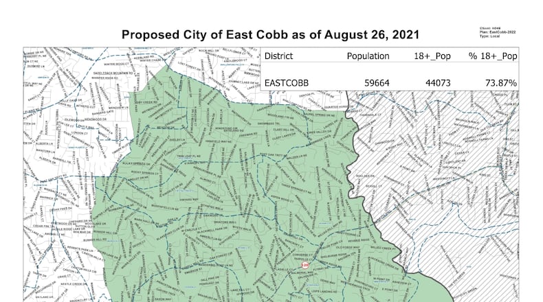 A map showing the boundaries for the proposed city of East Cobb.