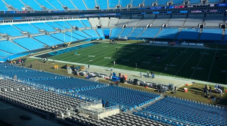 Here’s a pre-game look at the field at Bank of America Stadium on Sunday. The Falcons have a 5-9 record entering the road game against the Panthers. (By D. Orlando Ledbetter/dledbetter@ajc.com)