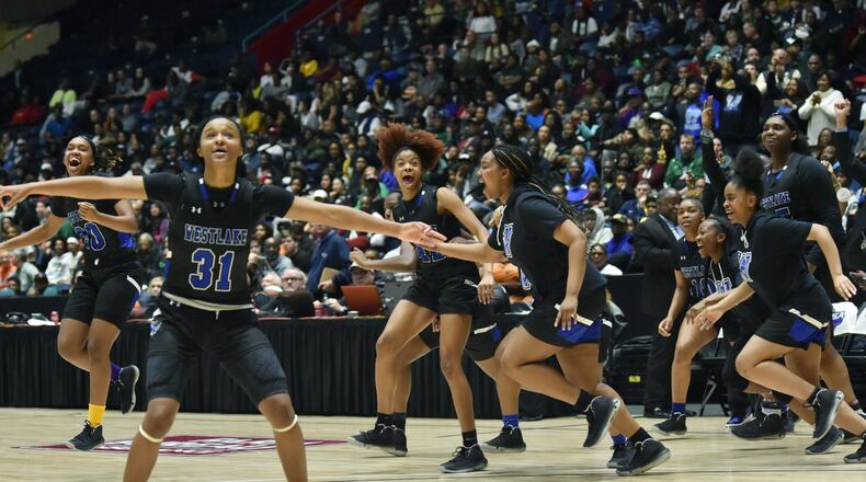 Westlake players celebrate their victory during 2020 GHSA State Basketball Class Championship game at the Macon Centreplex in Macon on Saturday, March 7, 2020. Westlake won 72-53 over Collins Hill. (Hyosub Shin / Hyosub.Shin@ajc.com)