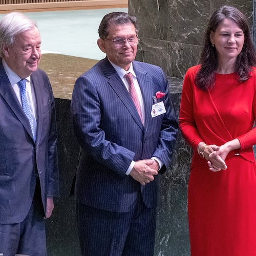 UN Secretary General Antonio Guterres, left, and 80th President of the United Nations General Assembly Annalena Baerbock, right, flank Bangladesh Foreign Minister Khalilur Rahman, newly elected President of the 81st UN General Assembly, Tuesday, June 2, 2026. (UN Photo/Eskinder Debebe via AP)