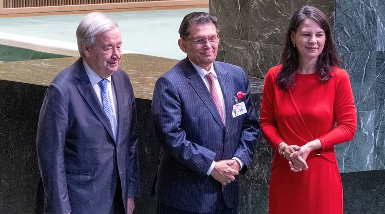UN Secretary General Antonio Guterres, left, and 80th President of the United Nations General Assembly Annalena Baerbock, right, flank Bangladesh Foreign Minister Khalilur Rahman, newly elected President of the 81st UN General Assembly, Tuesday, June 2, 2026. (UN Photo/Eskinder Debebe via AP)