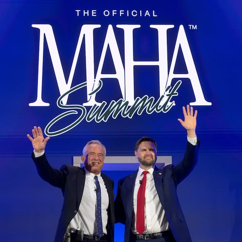 Vice President JD Vance, right, and Health and Human Services Secretary Robert F. Kennedy, Jr., wave as they depart the inaugural Make America Healthy Again summit at the Waldorf Astoria, Wednesday, Nov. 12, 2025, in Washington. (AP Photo/Rod Lamkey, Jr.)