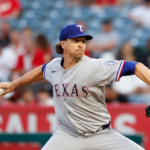 Texas Rangers starting pitcher Jacob Degrom (48) throws during the first inning of a baseball game against the Los Angeles Angels, Thursday, Aug. 13, 2026, in Anaheim, Calif. (AP Photo/Caroline Brehman)