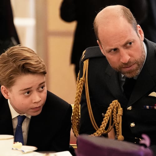 FILE - Prince William and Prince George join Second World War veterans at a tea party in Buckingham Palace, central London, Monday, May 5, 2025. (Jordan Pettitt/Pool Photo via AP, File)