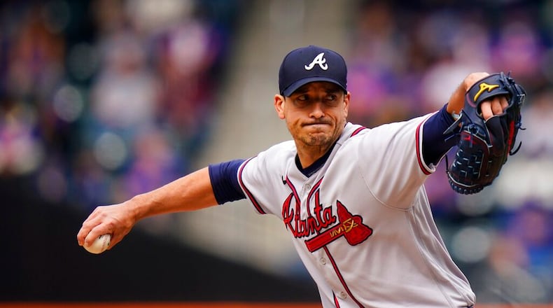 Atlanta's Charlie Morton pitches in the first game of a doubleheader against the Mets on Tuesday in New York. (AP Photo/Frank Franklin II)