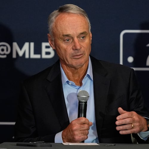 FILE - Rob Manfred, commissioner of Major League Baseball answers questions during a news conference at the MLB winter meetings, Dec. 8, 2025, in Orlando, Fla. (AP Photo/John Raoux, file)