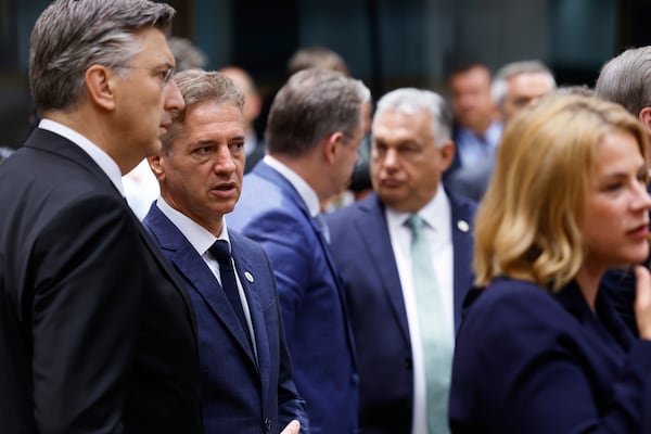 From left, Croatia's Prime Minister Andrej Plenkovic, Slovenia's Prime Minister Robert Golob, Belgium's Prime Minister Bart De Wever, Hungary's Prime Minister Viktor Orban and Latvia's Prime Minister Evika Silina attend a round table meeting at an EU summit in Brussels, Thursday, June 26, 2025. (AP Photo/Geert Vanden Wijngaert)