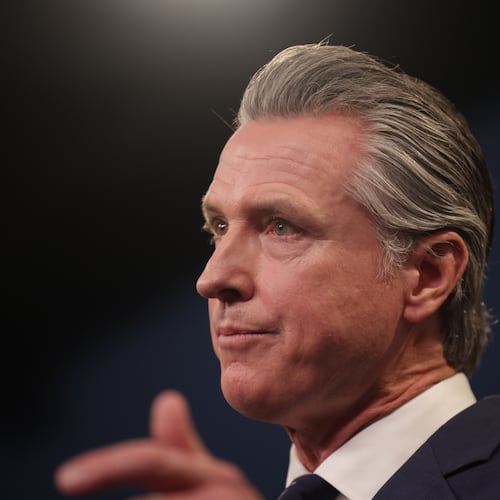 California Gov. Gavin Newsom delivers his final state budget plan at the Capitol Annex Swing Space in Sacramento, Calif. on Thursday, May 14, 2026. (Gabrielle Lurie/San Francisco Chronicle via AP)