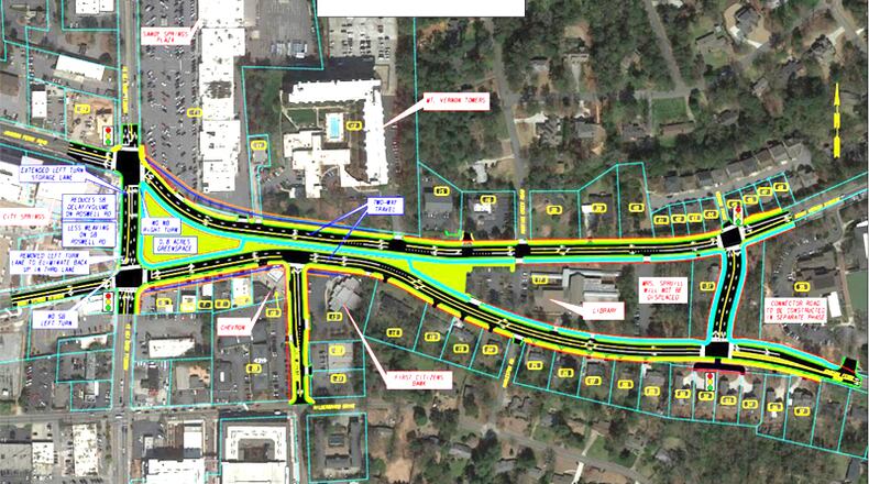 The crossroads of Johnson Ferry Road and Mount Vernon Highway in Sandy Springs are to be reconstructed as a “compressed grid,” with the two streets running parallel to each other but not intersecting. CITY OF SANDY SPRINGS